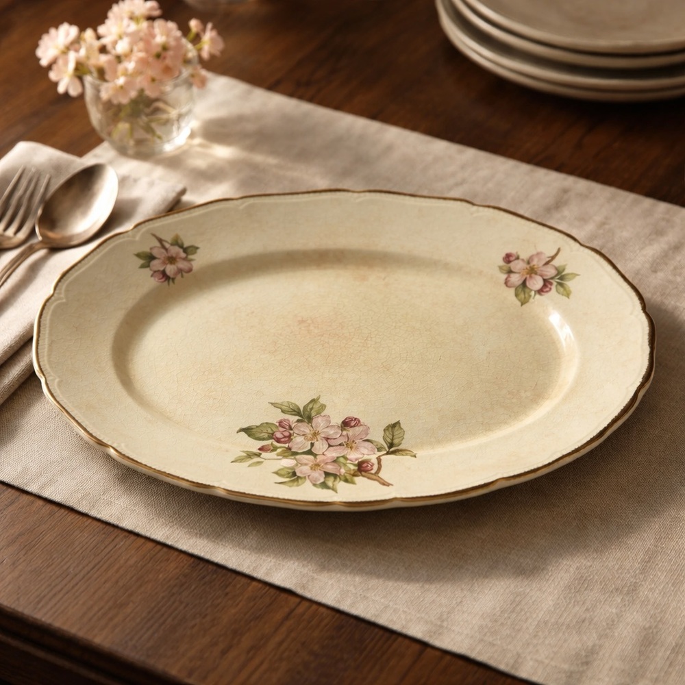 Vintage Royal Swan Bloomtime Oval Serving Platter with 22-Karat Gold Roped Edge